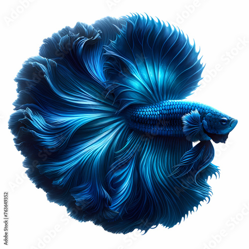 A photo of a wild Halfmoon Royal Blue Betta fish, illuminated by a deep and mesmerizing Blue color. This majestic Betta should be depicted © bteeranan