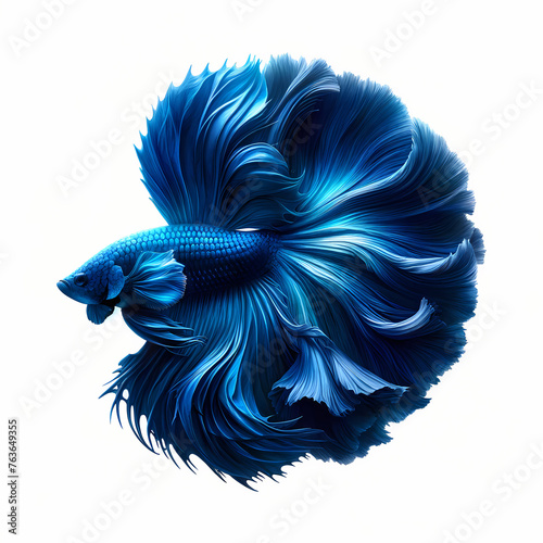 Photo of a Wild Halfmoon Royal Blue betta, full body, glowing with a beautiful Blue color, and white background © bteeranan