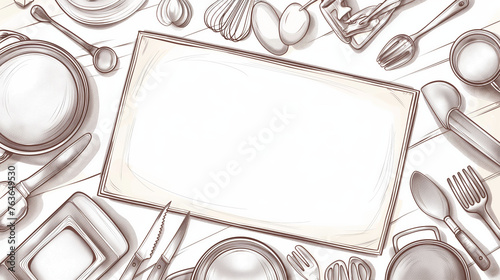Sketch of kitchen utensils and an empty plate, suitable for cooking classes and recipe books. photo