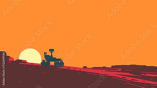 Stylized rover silhouette against a Martian sunset, ideal for space exploration and science fiction. photo