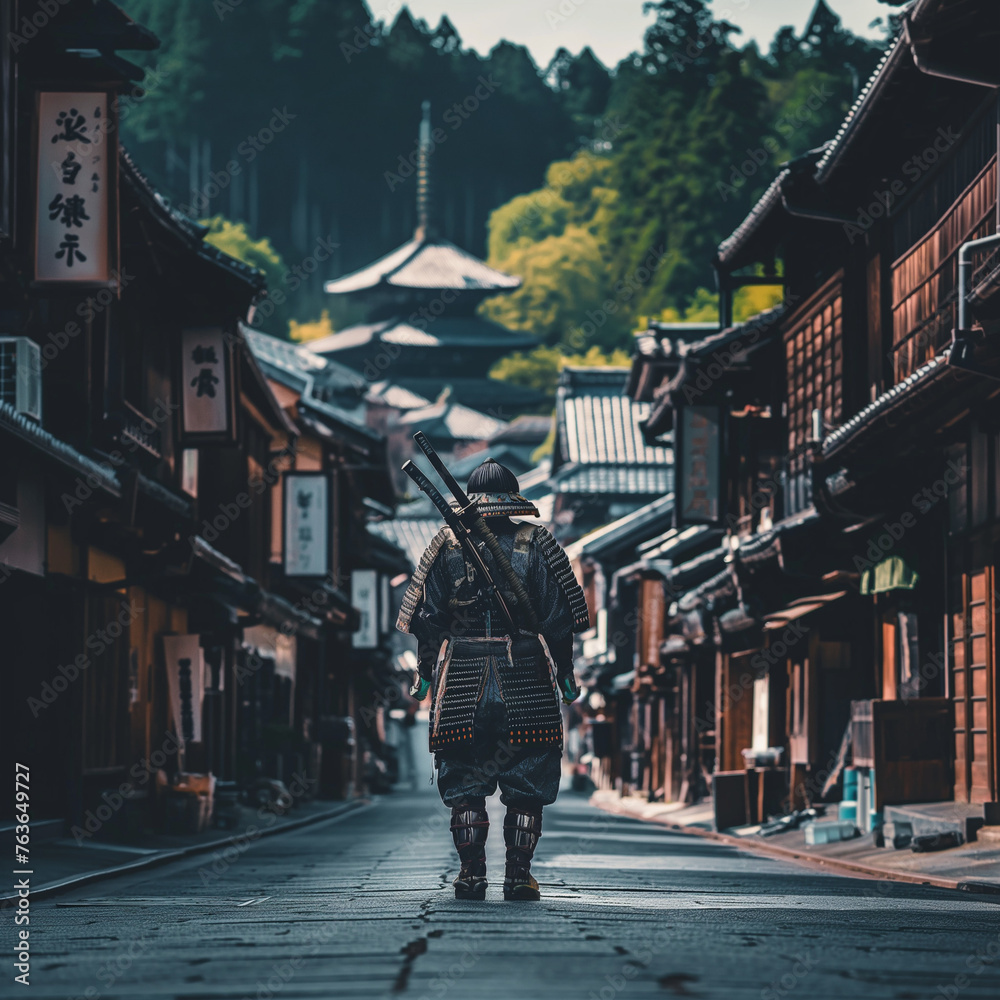 samurai walking in the old japanese town