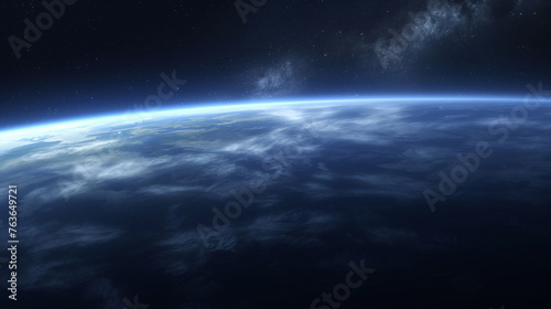 The view from a space station's window, looking out onto the Earth below, with the thin blue line of the atmosphere curving around the planet, against the backdrop of the infinite cosmos.