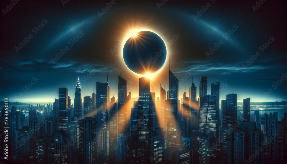 Metropolis Awakens to the Majesty of a Total Solar Eclipse - obrazy, fototapety, plakaty 