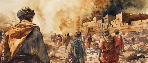 A watercolor rendition of an ancient city with figures in historical attire walking towards it