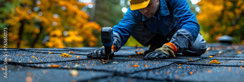 A Roofer in Protective Uniform and Gloves Drills, Portrait of a man cleaning driveway road with hose a dark and blurry backdrop