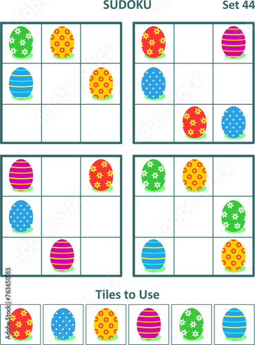 Easter 4 easy picture sudoku games and design elements. Four 3x3 (one block) puzzles with colorful painted eggs iconic images. Suitable both for kids and adults.. Set 44.

