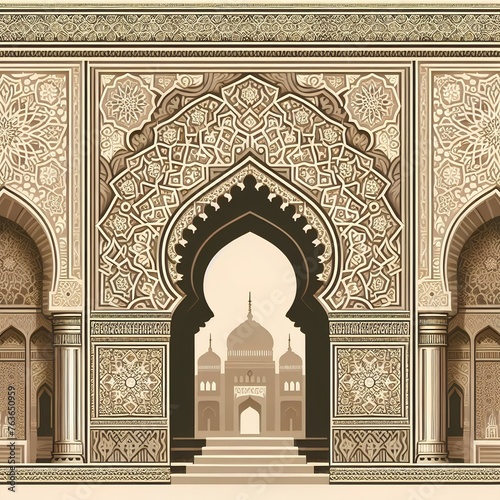 Arabic style archway with pillars and arches with traditional pattern islamic Background in in beige color. Ornate decorations building room and mosque.
