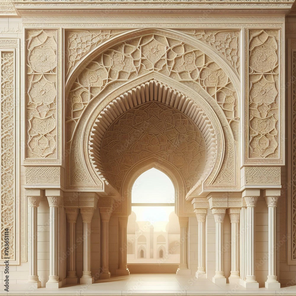 Arabic style archway with pillars and arches with traditional pattern islamic Background in in beige color. Ornate decorations building room and mosque.