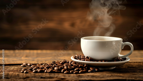 coffee beans and cup of coffee on wooden table