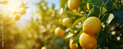 Yellow lemons on the lemon tree branches in a beautiful sunny day