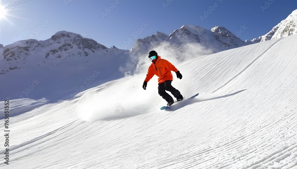 Skier , snowboarder in mountains, prepared piste and sunny day, concept of winter holiday, sports, winter sports, athletic, extreme sports, with copy space.