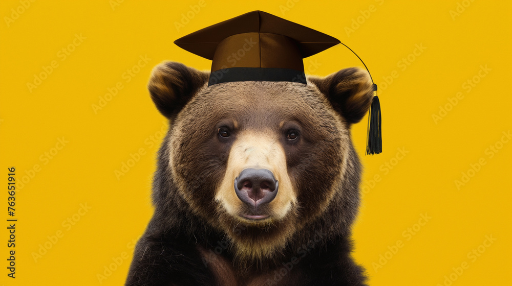 Urso pardo vestindo beca de formatura e chapéu isolado no fundo amarelo - obrazy, fototapety, plakaty 