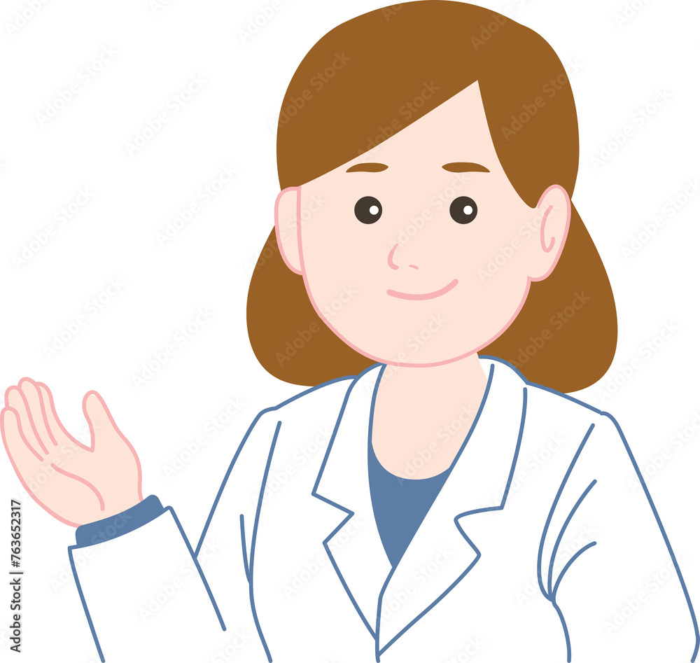 A female pharmacist doctor with brown hair, smiling and explaining.