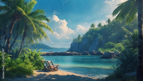 Tropical beach paradise with palm trees clear blue water sandy beach Generative AI