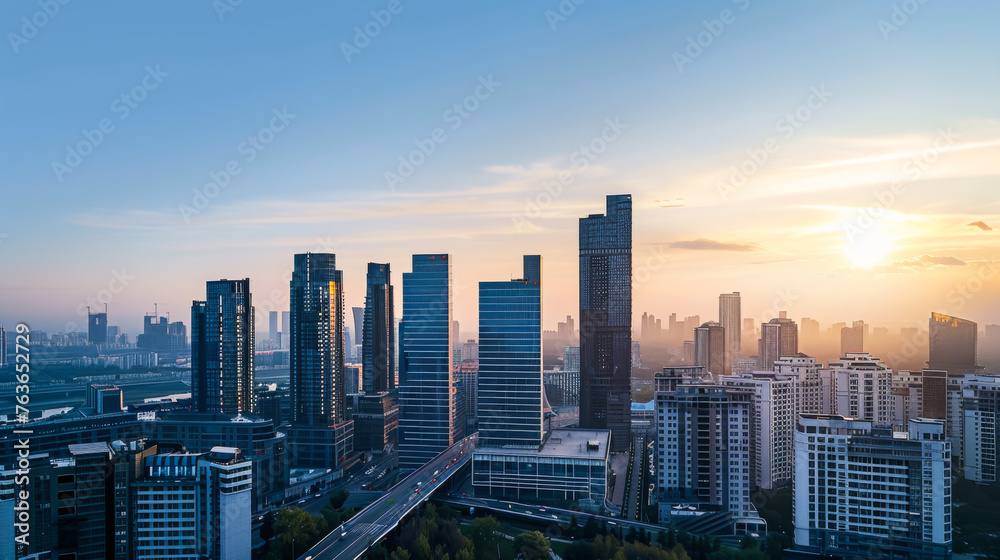 View of modern residential buildings. Cityscape of high-rise buildings in the center of the metropolis. Business district in the center. Concept of architecture, buildings.