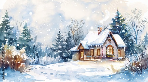 Charming watercolor winter cottage, snowy christmas scene illustration