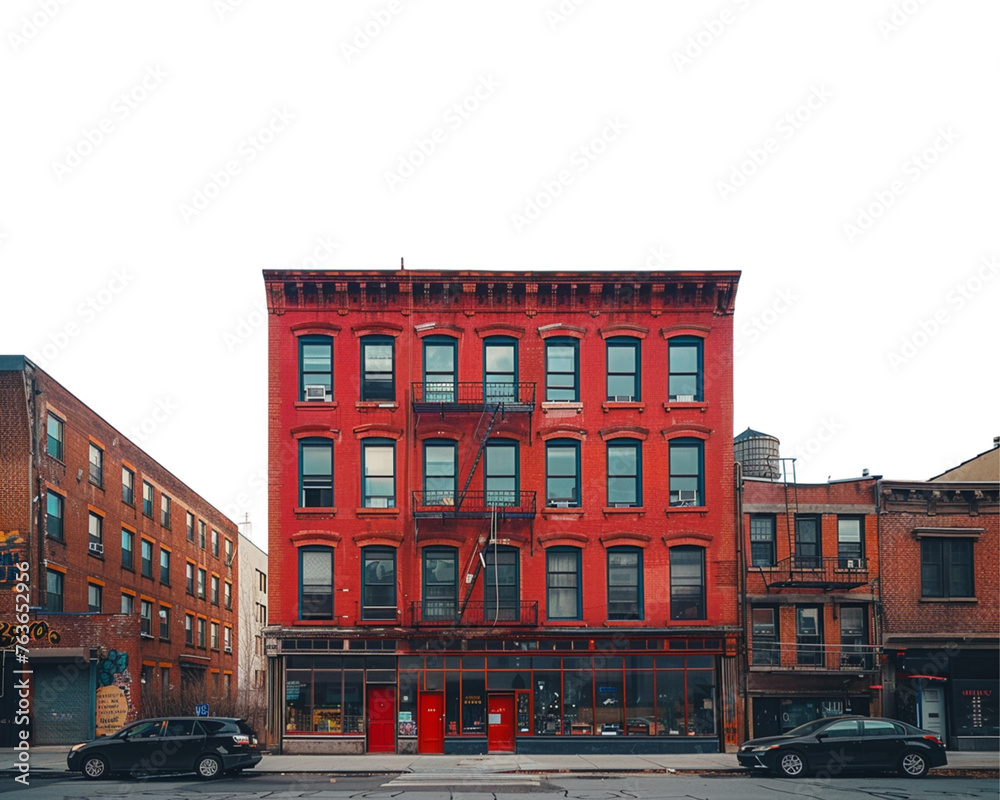 A tall red brick building sitting on the side of street on white transparent background
