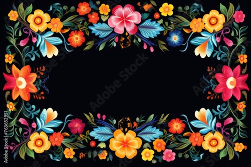 Vibrant flowers and leaves in various hues adorning a black background. Cinco de Mayo theme. Card, frame, border.