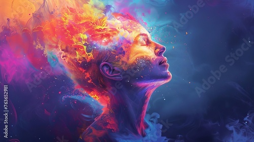 Exploding human mind, inner world of dreams, emotions and creativity, colorful abstract concept art illustration