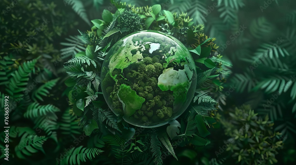 Lush green forest encircling glass globe, sustainability and environmental concept, digital illustration