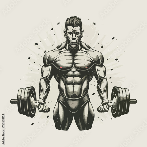 red white black modern style minimalist lines of a strong muscle pose strong body builder anatomy man at gym with bundle Doing exercises in all body positions using different gym equipment 