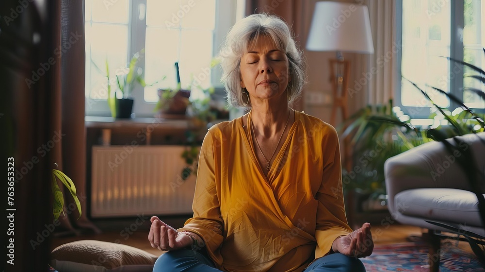 Middle-aged woman meditating peacefully at home, self-care and well-being, stress management, lifestyle photography Middle-aged woman meditating peacefully at home, self-care and well-being, stress management, lifestyle photography