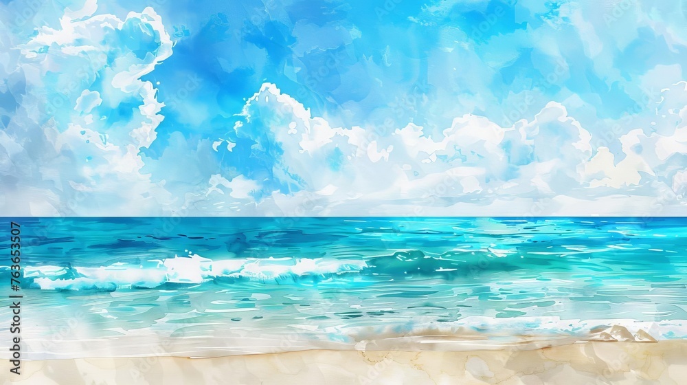 Serene tropical beach panorama with vast sky meeting the sea horizon, watercolor painting