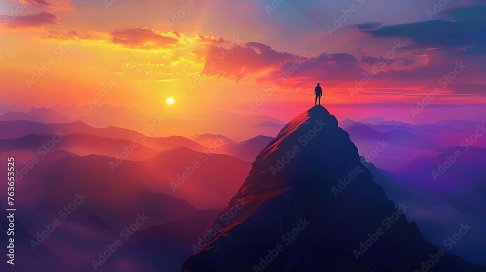 Silhouette of Person Standing on Mountain Top at Breathtaking Sunset, Dramatic Digital Painting