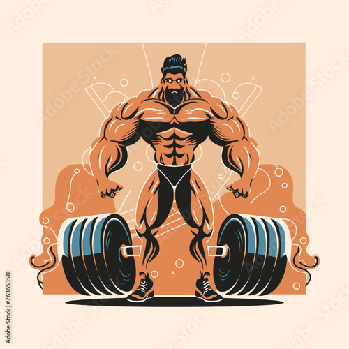 red white black modern style minimalist lines of a strong muscle pose strong body builder anatomy man at gym with bundle Doing exercises in all body positions using different gym equipment

