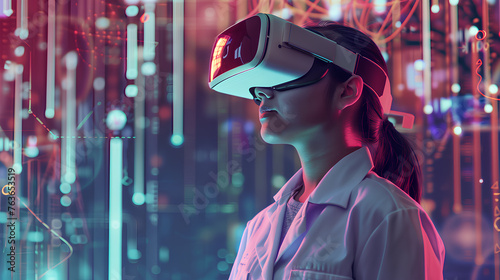 A woman wearing a white lab coat is playing a video game with a virtual reality headset. The game is set in a futuristic world with bright colors and a lot of movement photo