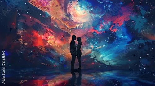 Silhouettes of Man and Woman at Abstract Cosmic Background, Conceptual Digital Painting
