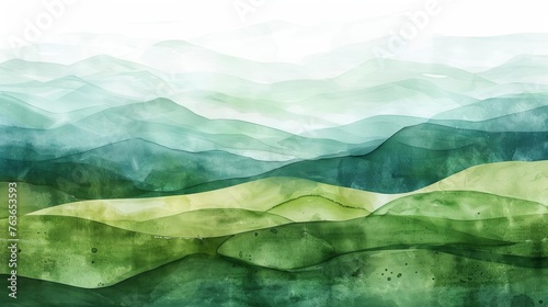 Soothing abstract green landscape, rolling hills and mountains, watercolor background illustration