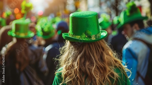 St Patrick's Day Parade Celebration, People in Green Hats, Vibrant Festive Scene