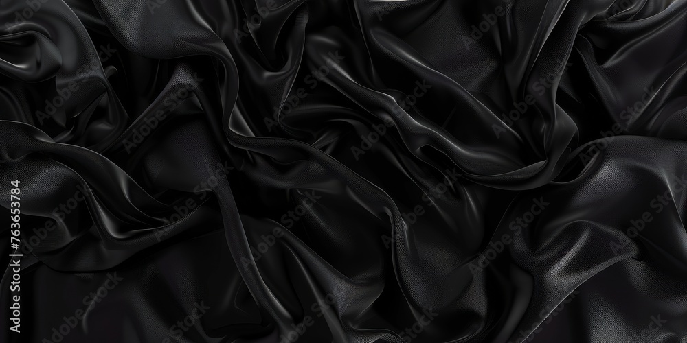 Luxurious black silk texture displayed in a fluid wave pattern, ideal for high-end background or textile design.
