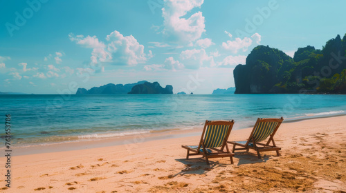 Beautiful tropical sunset landscape  two sun loungers. White sand view  sea view with horizon. Calmness  relaxation. Holiday and relax concept.