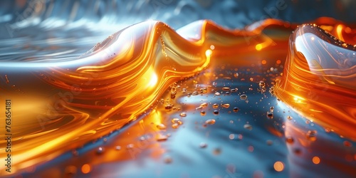 Abstract liquid waves in blue and orange with reflective surface, suitable for backgrounds or wallpapers. photo