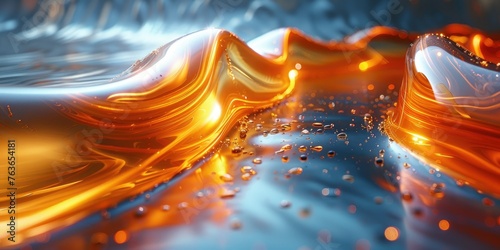 Abstract liquid waves in blue and orange with reflective surface, suitable for backgrounds or wallpapers.