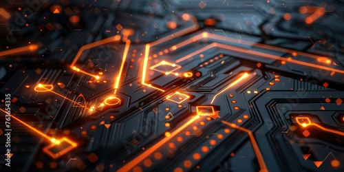 Close-up of a circuit board with glowing orange electronic lines, symbolizing technology and innovation.