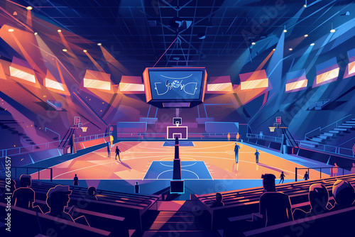 Basketball game. Modern indoor stadium illuminated with spotlights cartoon grainy gradient design. National Tournament Match. Olympic game. Generative AI