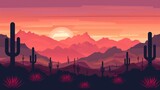 A desert landscape featuring cactus trees against a backdrop of distant mountains on Cinco de Mayo.  Flat style illustration.