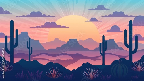 A desert landscape featuring cactus trees and distant mountains. Cinco de Mayo theme. Flat style illustration.