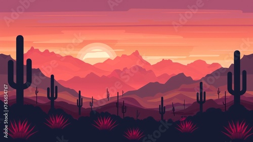 A desert landscape featuring cactus trees against a backdrop of distant mountains on Cinco de Mayo. Flat style illustration.