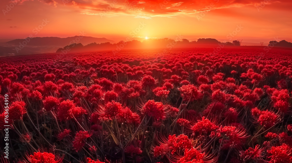 Naklejka premium A large field dotted with red bright flowers at sunset. Nature concept. Landscape.