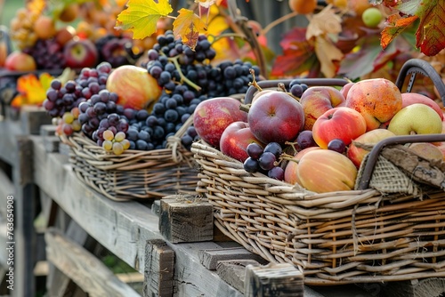 Harvest season with baskets overflowing with fresh fruits.