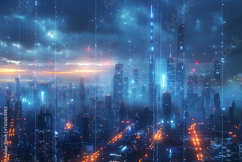 A futuristic cityscape overlaid with blue wireframe style lines, symbolizing satellite coverage and high-speed internet, illustrating advanced marine technology connections