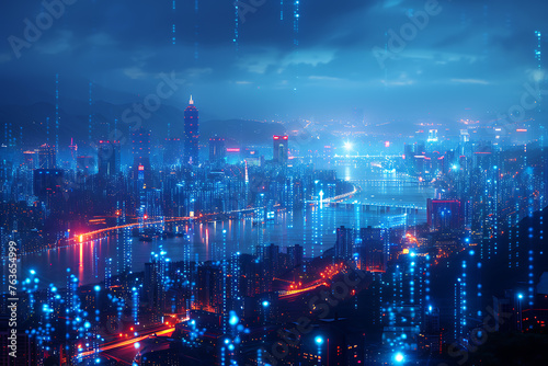 A futuristic cityscape overlaid with blue wireframe style lines  symbolizing satellite coverage and high-speed internet  illustrating advanced marine technology connections