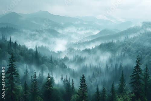 A breathtaking landscape with misty fog or soft clouds, creating a serene and tranquil atmosphere © Evhen Pylypchuk