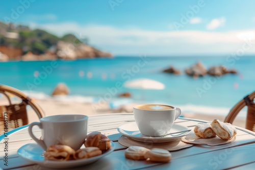 Enjoy two cups of coffee and croissants on a beachside table with a stunning view of the azure waters  under the open sky and fluffy clouds