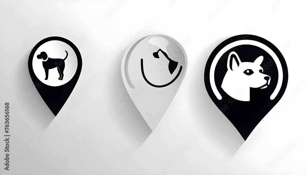 Set Map pointer with veterinary medicine hospital, clinic or pet shop for animals icon isolated on black and white background. Veterinarian clinic. Vector - obrazy, fototapety, plakaty 