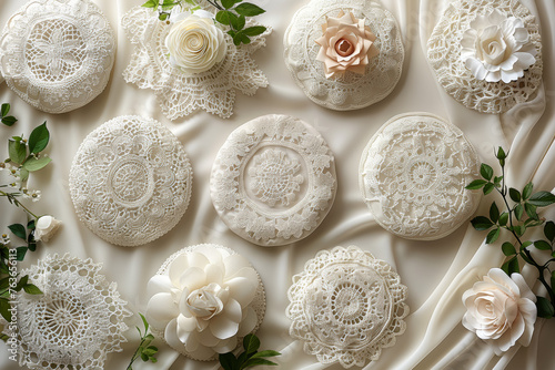 Delicate lace doilies in various patterns arranged on a white background. Concept of vintage decor. Generative Ai.